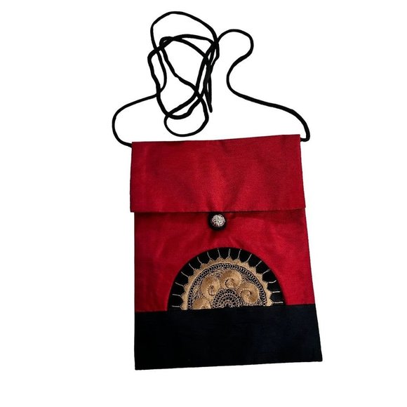 Red Gold Silky Crossbody Travel Bag Embroidered Dressy 6" x 8" - Picture 1 of 6